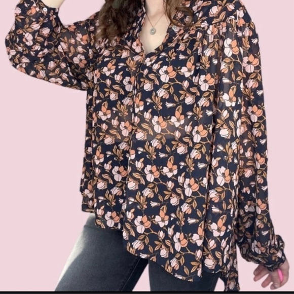 LOFT Tops - Loft Dark Floral Sheer Button High Low Blouse